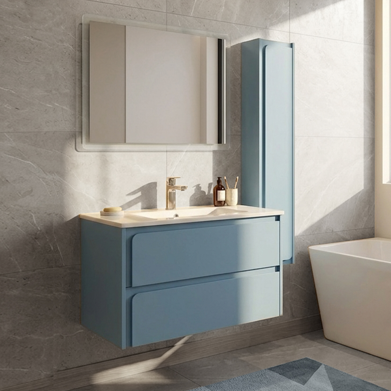 Bagno pre-assemblato con 2 cest. + lavabo ceramica 80x47 + colonna + specchio LED 80x60 <span>KING</span> - Norbe Bagno pre-assemblato con 2 cest. + lavabo ceramica 80x47 + colonna + specchio LED 80x60 <span>KING</span> - immagine 2