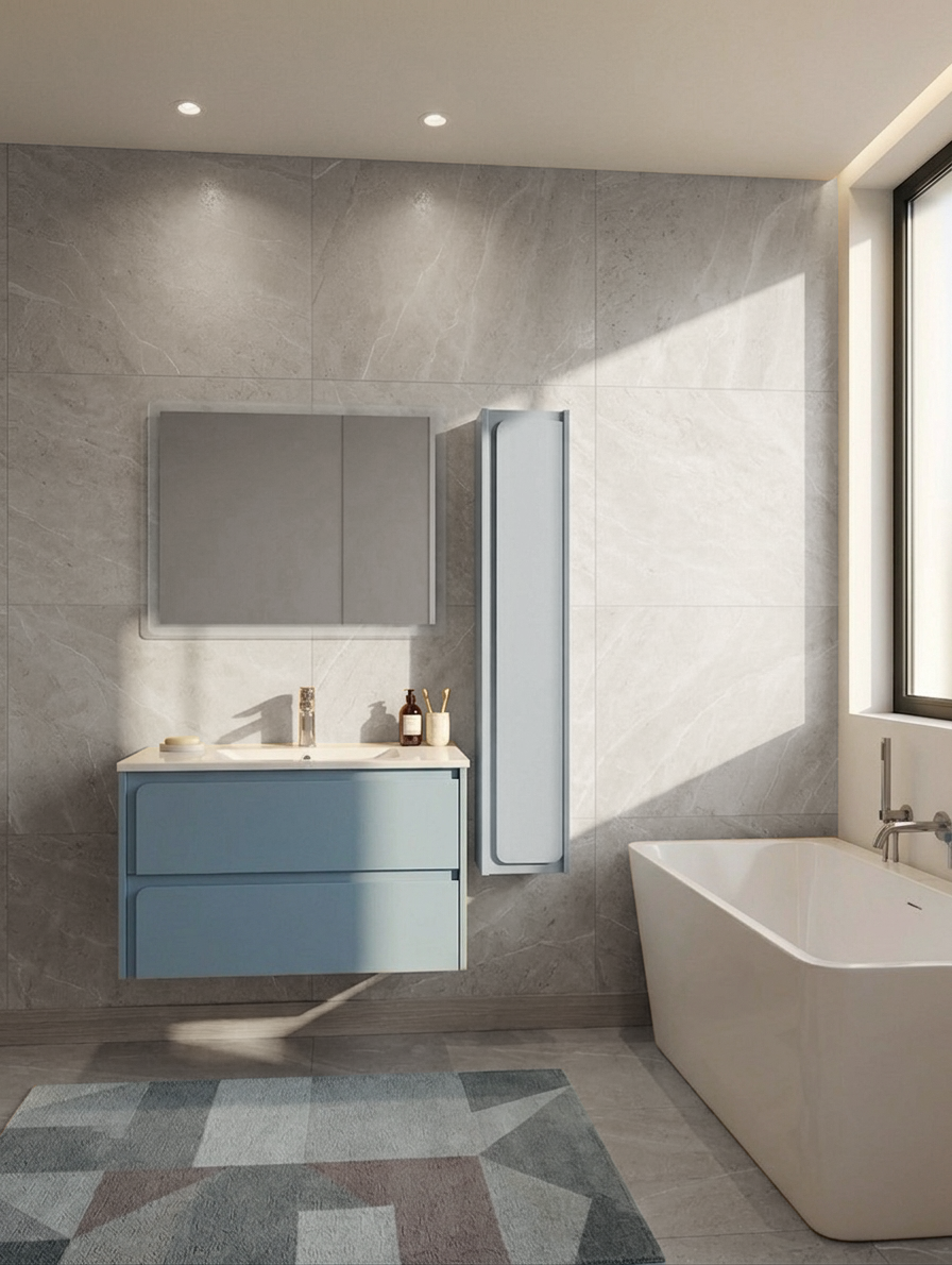 Bagno pre-assemblato con 2 cest. + lavabo ceramica 80x47 + colonna + specchio LED 80x60 <span>KING</span> - Norbe Bagno completo con base a cestoni, colonna a ripiani, azzurro, pre assemblato e con specchio LED retroilluminato