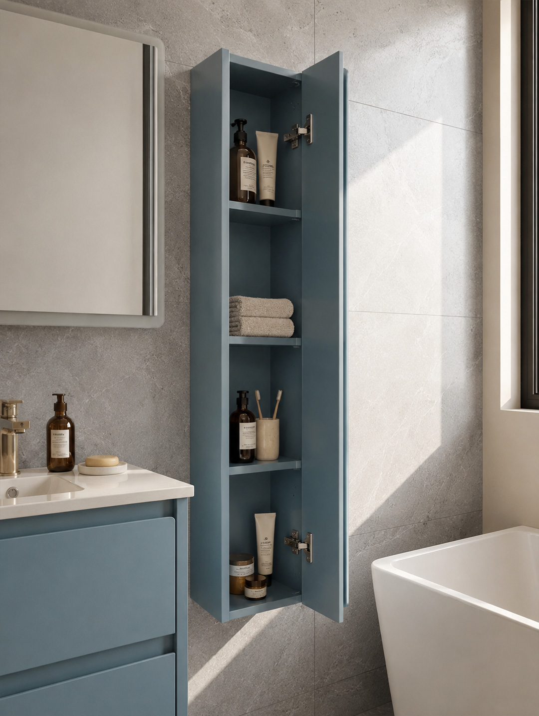 Bagno pre-assemblato con 2 cest. + lavabo ceramica 80x47 + colonna + specchio LED 80x60 <span>KING</span> - Norbe Bagno completo con base a cestoni, colonna a ripiani, azzurro, pre assemblato e con specchio LED retroilluminato