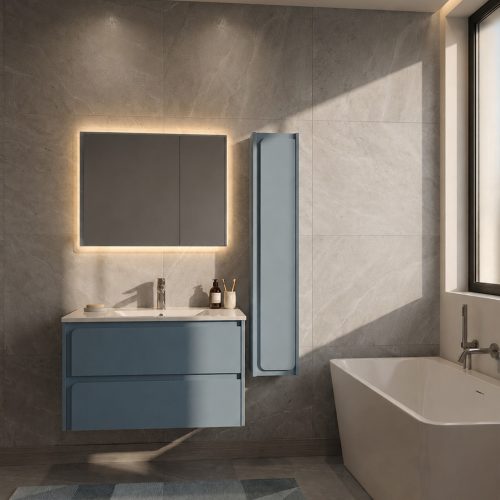 Bagno completo con base a cestoni, colonna a ripiani, azzurro, pre assemblato e con specchio LED retroilluminato