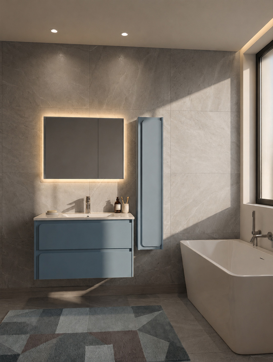 Bagno pre-assemblato con 2 cest. + lavabo ceramica 80x47 + colonna + specchio LED 80x60 <span>KING</span> - Norbe Bagno completo con base a cestoni, colonna a ripiani, azzurro, pre assemblato e con specchio LED retroilluminato