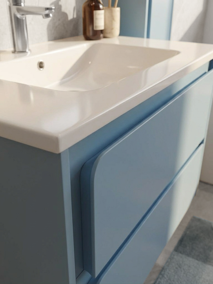 Bagno pre-assemblato con 2 cest. + lavabo ceramica 80x47 + colonna + specchio LED 80x60 <span>KING</span> - Norbe Bagno completo con base a cestoni, colonna a ripiani, azzurro, pre assemblato e con specchio LED retroilluminato