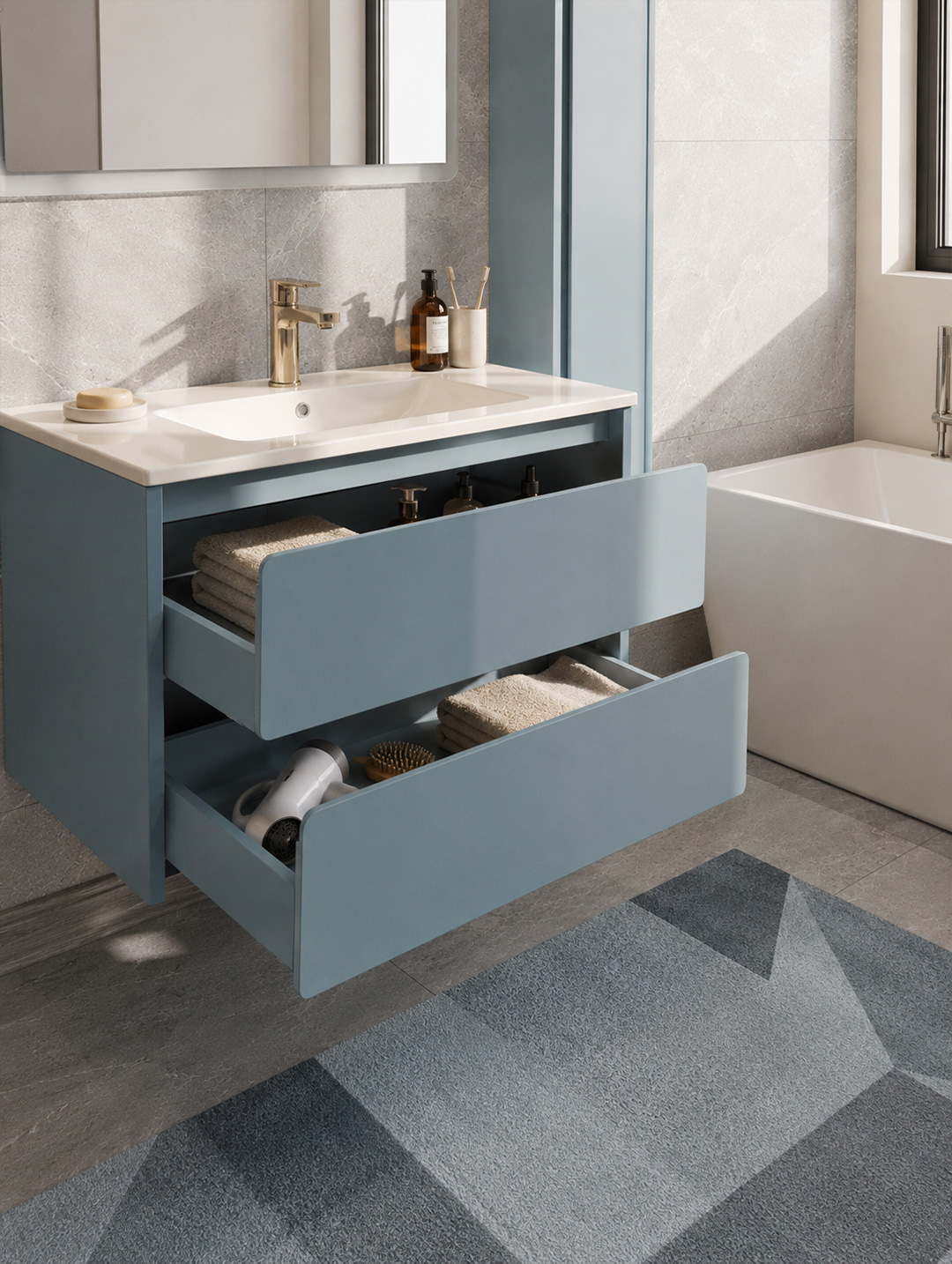 Bagno pre-assemblato con 2 cest. + lavabo ceramica 80x47 + colonna + specchio LED 80x60 <span>KING</span> - Norbe Bagno completo con base a cestoni, colonna a ripiani, azzurro, pre assemblato e con specchio LED retroilluminato