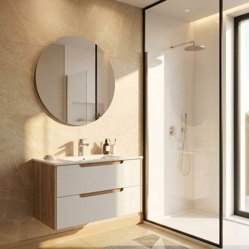 Flash sale Sedie - Norbe Bagno completo con base a cestoni, bianco, pre assemblato e con specchio LED retroilluminato