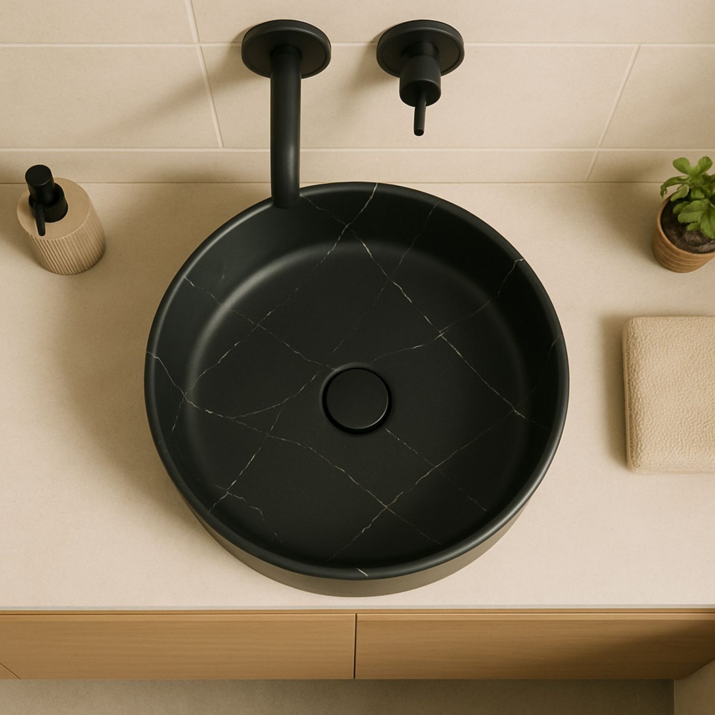 Lavabo tondo da appoggio effetto marmo nero Teide 40x12 cm - immagine 2