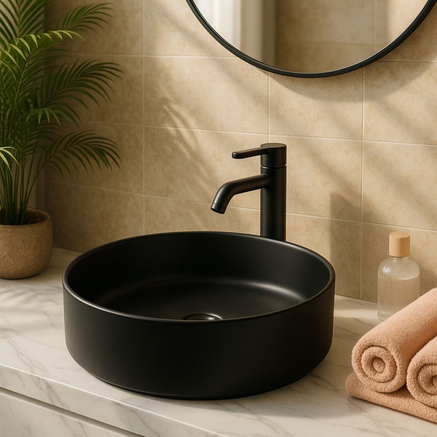 Lavabo tondo da appoggio in ceramica nero Teide 40x12 cm - immagine 3