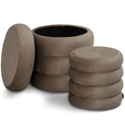 Set di 2 pouf contenitore e poggiapiedi in velluto Tortora TWIRLY - norbe SET DI POUF CONTENITORE POU-012-TO_00