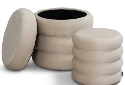 Set 2 pouf contenitore e poggiapiedi velluto Crema TWIRLY