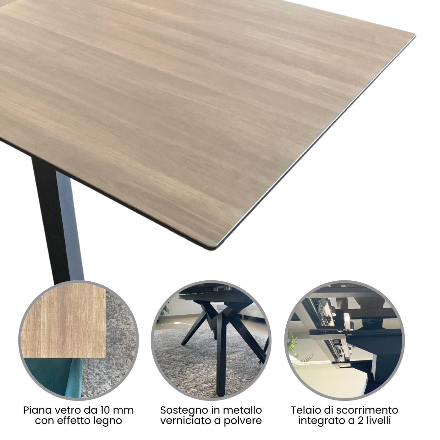 Tavolo allungabile in vetro 180/240x100 effetto legno sostegno metallo nero CLINT - immagine 3